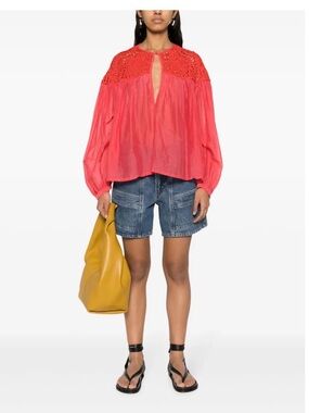 Forte Forte Crochet Yoke Peasant Blouse in Red